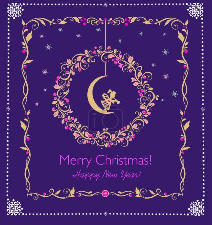 Illustration for Magic craft navy blue Christmas postcard with decorative hanging gold wreath of mistletoe with pink berries and paper cutting little angel on the moon - Royalty Free Image