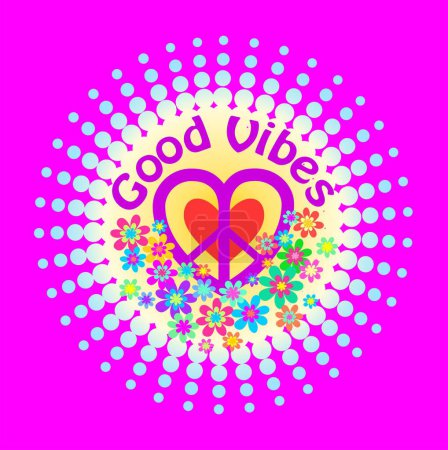 Illustration for Print for Hippie poster, girl tee design or sticker on vivid magenta background with 70s or 60s Retro Hippy Good Vibes slogan, colorful flower-power, sun and peace symbol in heart shape - Royalty Free Image