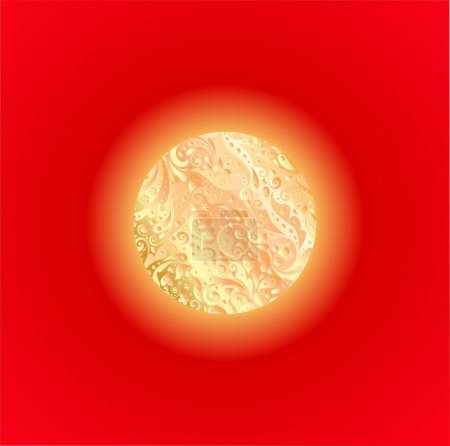 Téléchargez les illustrations : Gold decorative sun or pancake for shrovetide celebration on hot red background - en licence libre de droit
