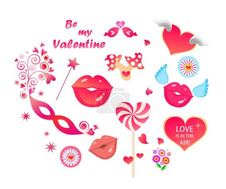 Illustration for Funny stickers for Valentines day, wedding or birthday celebration. Set of candy, lips, masque, hearts, lovely birds, flowers bouquet and fly agaric - Royalty Free Image