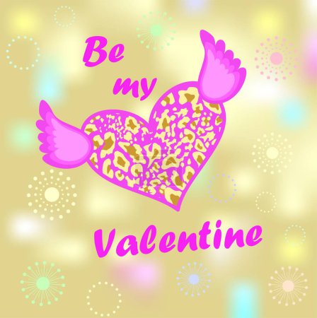 Téléchargez les illustrations : Golden sparkly background with flying light violet heart shape with leopard print for 14th February happy Valentine's day wish card or poster. Be my valentine light violet banner for social media - en licence libre de droit