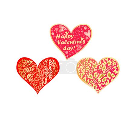 Téléchargez les illustrations : Hearts shape collection with animal and decorative floral print in red and gold colors for Valentines day, wedding and birthday greeting isolated on white background - en licence libre de droit