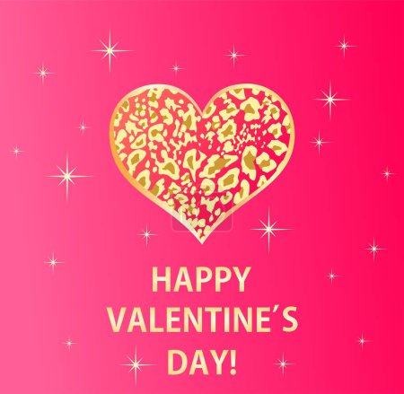 Ilustración de Hot pink greeting of 14th February happy valentine's day wish card or poster for Valentines day with heart shape with golden leopard print and stars - Imagen libre de derechos