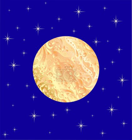Illustration for Navy blue starry background with gold moon with decorative pattern - Royalty Free Image