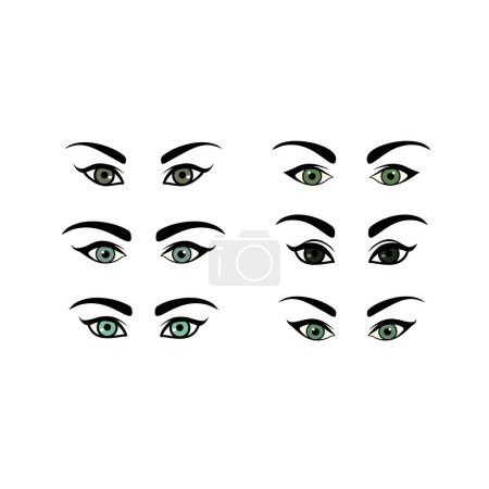 Illustration for Beautiful make-up green and grey woman eyes collection with black eyebrow isolated on white background for logo design, beauty salon look, cosmetic packaging - Royalty Free Image