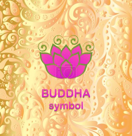 Illustration for Hot pink or viva magenta color beautiful lotus or water lily flower on gold background with ornate pattern. Buddha symbol - Royalty Free Image