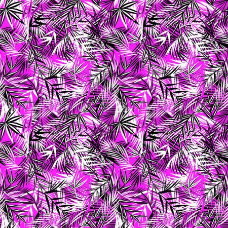 Illustration for Black, white and viva magenta colors tropical seamless print for fashion textile and wallpaper with coconut and fan-leaved palm leaves - Royalty Free Image