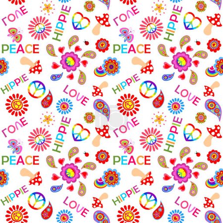 Illustration for Colorful childish seamless print with flower-power, hippie peace symbols, paisley, butterfly, mushroom and love, peace, hippie words on white background - Royalty Free Image