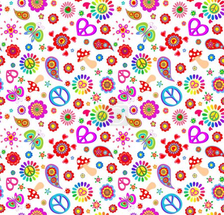 Illustration for Childish seamless colorful wallpaper with red poppies, flower-power in rainbow color, hippie peace signs, paisley, butterfly and mushroom fly agaric on white background - Royalty Free Image