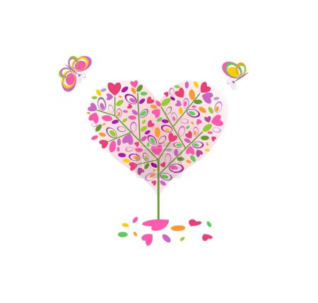 Illustration for Funny abstract colorful tree in heart shape and flying butterflies for Valentines day, wedding, birthday, baby arrival, mothers day greeting card and invitations on white background. Psychedelic concept - Royalty Free Image