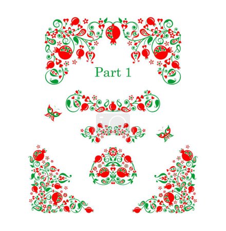 Illustration for Red green floral folk vintage pattern collection with decorative pomegranate. Part 1 of huge set for ethnic Turkish, Persian, Indian embroidery - Royalty Free Image