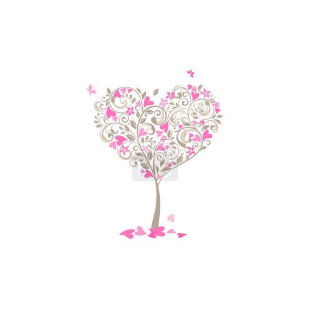 Ilustración de Hermoso árbol de flores decorativas en forma de corazón y mariposas voladoras para el día de San Valentín, boda, cumpleaños, llegada del bebé, tarjeta de felicitación del día de las madres e invitaciones sobre fondo blanco - Imagen libre de derechos