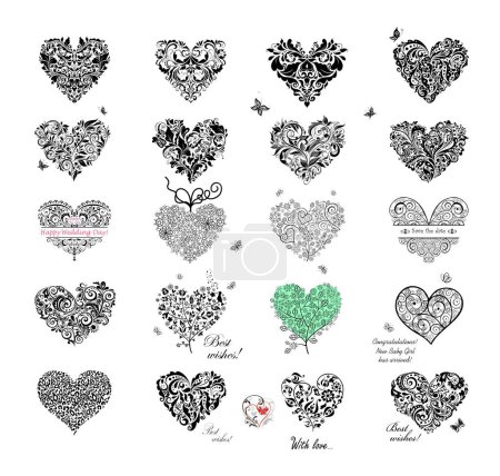 Illustration for Black decorative, floral and vintage hearts shape collection for ceremony invitation, wedding and birthday greeting, noble sign isolated on white background. Part 3 of hearts huge set - Royalty Free Image