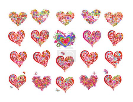 Téléchargez les illustrations : Collection de forme de coeur pour la conception hippie avec la puissance de fleur colorée, colombe, paix, amour, mot de joie, arc-en-ciel, voler agaric. Partie 6 de coeurs ensemble énorme - en licence libre de droit