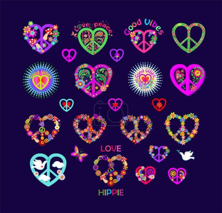 Illustration for Peace sign set or collection in heart shape. Hippie symbol for poster, shirt or bag print. Part 7 of hearts huge set - Royalty Free Image