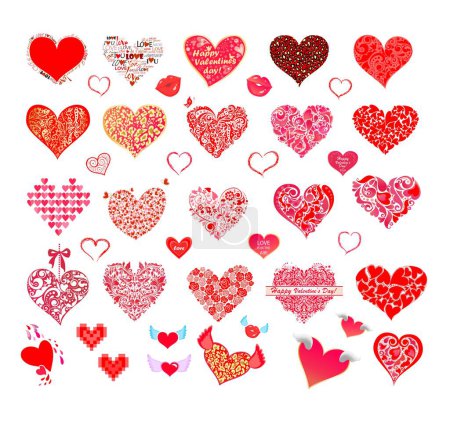 Illustration for Red hearts shape collection with animal and decorative floral print, wings for Valentines day celebration, wedding and birthday greeting isolated on white background. Part 1 of hearts huge set - Royalty Free Image