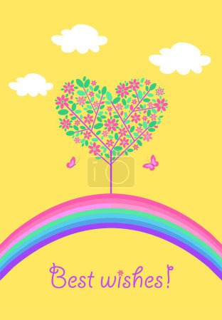 Illustration for Greeting yellow card with childish applique in Japanese style with blossoming cherry-tree or apple-tree and paper cutting rainbow. Part 2 - Royalty Free Image