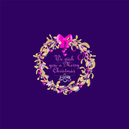 Illustration for Vintage traditional Xmas decoration with wreath of mistletoe, hot pink ribbons, paper cutting snowflakes and hanging hearts on violet background. Vector illustration for Christmas and New year holidays - Royalty Free Image