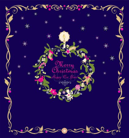 Illustration for Vintage traditional Xmas decoration with wreath of mistletoe, paper cutting snowflakes, angel, gingerbread, candy, candle, sock, mitten, redbird, jingle bell and Christmas star on navy blue background - Royalty Free Image