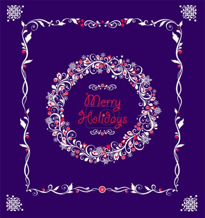 Illustration for Traditional greeting Xmas card with paper cutting decoration wreath of mistletoe, snowflakes and red berries on violet background. Vintage illustration for Christmas and New year holidays - Royalty Free Image