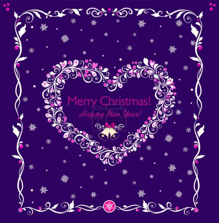 Illustration for Greeting Xmas vintage traditional card with paper cutting decoration wreath of mistletoe with pink berries in heart shape, snowflakes and gold jingle bell. Illustration for winter seasonal holidays - Royalty Free Image