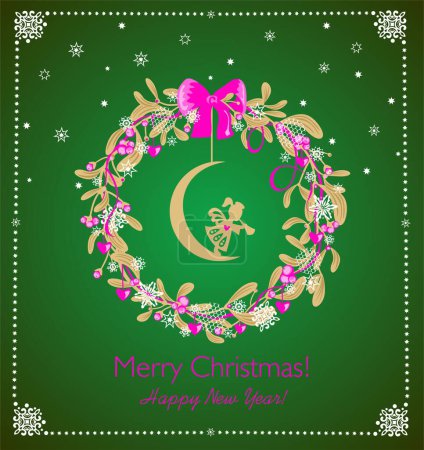 Illustration for Green Christmas greeting craft card with decoration gold wreath of mistletoe, little angel on the moon, pink berries and hearts - Royalty Free Image