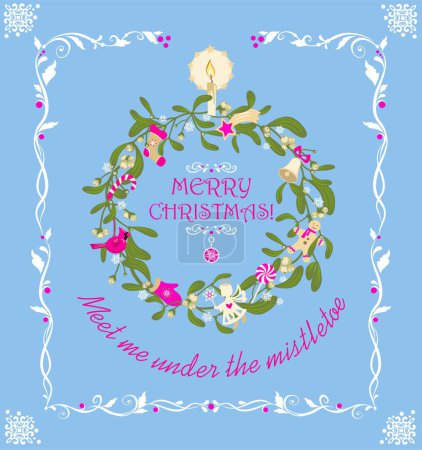 Illustration for Vintage Xmas decoration with wreath of mistletoe, snowflakes, angel, gingerbread, candy, candle, sock, mitten, redbird, jingle bell and Christmas star for your greeting cards, banners, flyers - Royalty Free Image