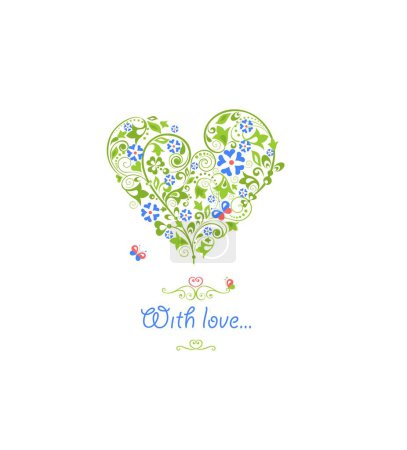 Illustration for Greeting card and invitation template for wedding or birthday anniversary, flower shop logo with floral heart shape with blue periwinkle flowers, ivy style with branch and leaves on white background - Royalty Free Image