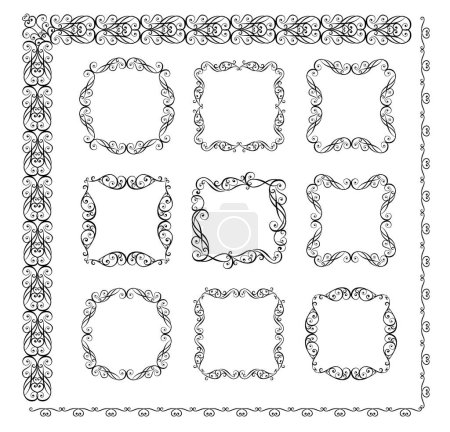 Illustration for Decorative black art deco curled frames and seamless borders set for framed certificate template, diploma, invitations, headers, signboard. Modern interpretation of Islamic motifs. Part 6. - Royalty Free Image
