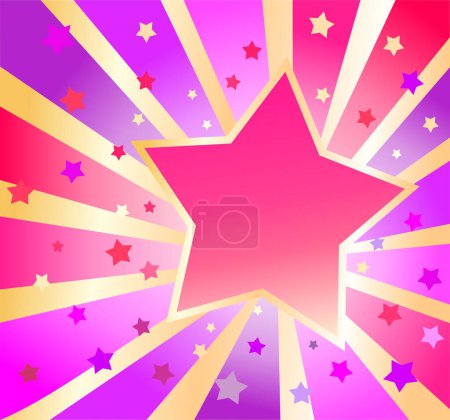 Téléchargez les illustrations : Affiche de style Disco party des années 70 ou 80 avec rouge, rose, violet, lilas sunburst, confettis et signe étoile avec cadre doré - en licence libre de droit