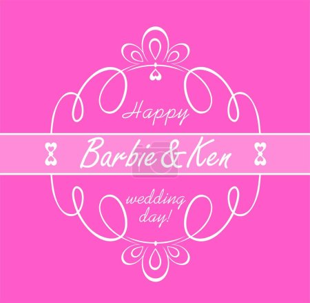 Illustration for Beautiful rosy pink greeting card for wedding in Barbie style with vintage white vignette. Part 2 - Royalty Free Image