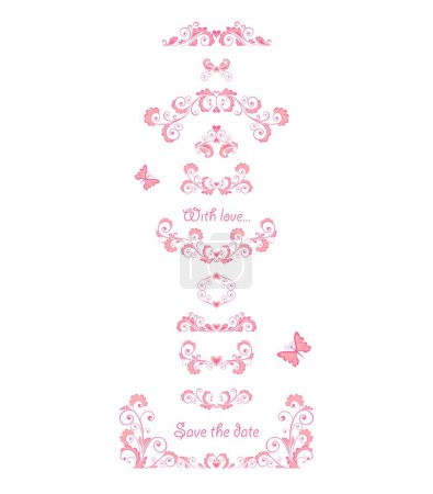 Illustration for Beautiful pink floral decoration set for baby girl arrival greeting card, fashion embroidery, book headers or wedding in Barbie style. Part 1 - Royalty Free Image