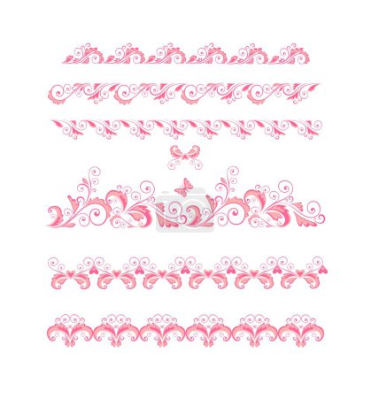 Téléchargez les illustrations : Belles bordures sans couture décoratives florales roses fixées pour la carte de vœux d'arrivée de bébé fille, broderie de mode, décor de livre ou mariage dans le style Barbie. Partie 2 - en licence libre de droit