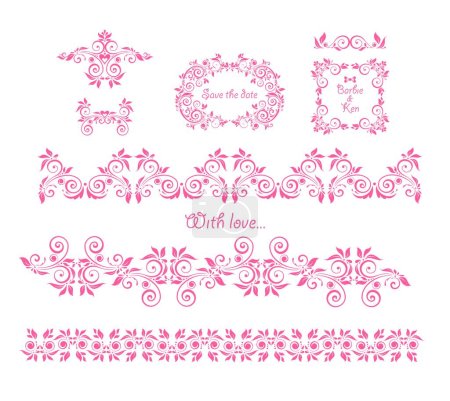 Illustration for Beautiful pink floral decorative frames, headers and seamless borders set for baby girl arrival greeting card, fashion embroidery, book decor or wedding in Barbie style. Part 3 - Royalty Free Image