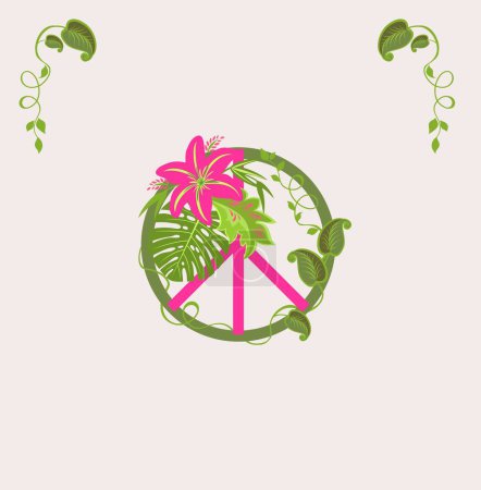 Illustration for Fashion print for t shirt, bag design and other textile art with Hippie peace sign with tropical leaves, hot pink exotic flower, liana and monstera deliciosa - Royalty Free Image