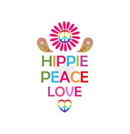 Illustration for Shirt print with hippie peace symbol in rainbow colors, daisy, paisley, love, peace and hippie word on white background. Fashion design for t-shirt, hoodies, bag, poster, scrapbook, sweatshirt - Royalty Free Image