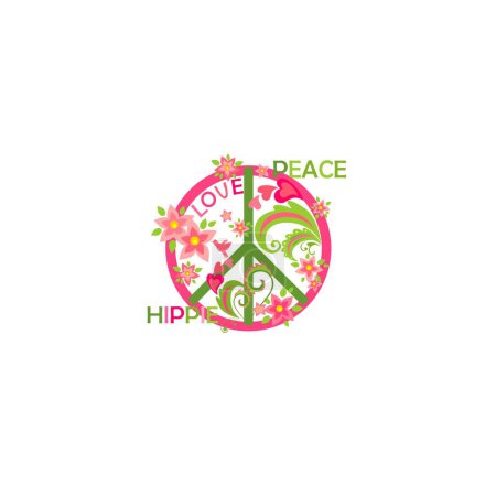 Ilustración de Estampado de moda para camiseta de niña, camiseta con capucha, bolso, póster, álbum de recortes, sudadera con signo de paz hippy, amor, paz y palabra hippie, flores de frangipani, colibrí y corazones rosas - Imagen libre de derechos
