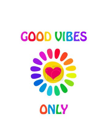Illustration for Hippie poster with 70s or 60s colorful good vibes only slogan and daisy with hot pink heart on white background. Print for bag, kids girl tee, hoodie t shirt - Royalty Free Image