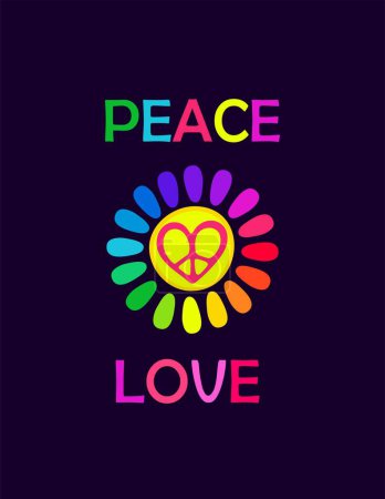 Ilustración de Póster con margarita colorida en pétalos de color arco iris, signo hippie en forma de corazón y letras hippie amor sobre fondo negro para el diseño de moda camisa, bolsa o estampado con capucha, fiesta hippy - Imagen libre de derechos