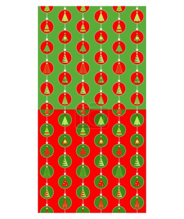 Illustration for Christmas red green seamless wrapping paper variation for winter holiday celebration with hanging cut out baubles and Xmas tree applique - Royalty Free Image