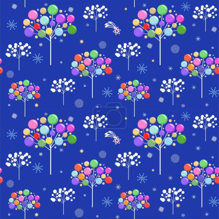 Téléchargez les illustrations : Papier peint bleu sans couture pour les vacances d'hiver avec arbre de Noël abstrait avec des boules de verre colorées, flocons de neige et étoile de Noël dans un style plat - en licence libre de droit