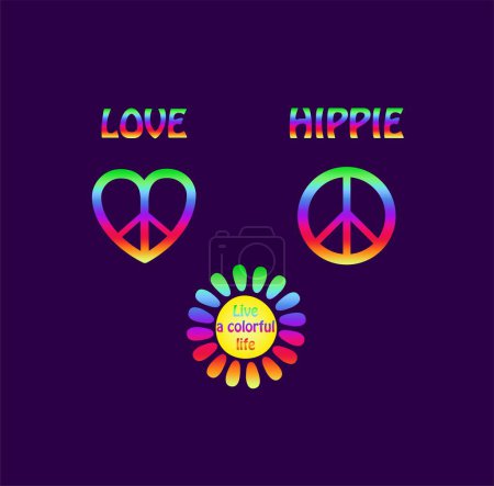 Illustration for Colorful prints variation for tee, hoodie t shirt, bag, scrapbook, sweatshirt, hippy poster with 70s or 60s style with daisy, heart shape, hippie peace sign, love and hippie word on dark violet background - Royalty Free Image