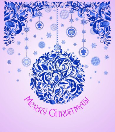 Ilustración de Tarjeta de felicitación artesanal para vacaciones de invierno con borde azul floral recortado decorativo, bola de Navidad colgante, ángeles y copos de nieve - Imagen libre de derechos