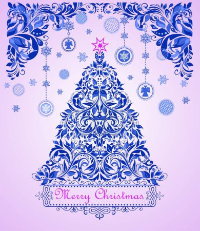 Illustration for Craft greeting card for winter holidays with decorative cut out floral blue border, Christmas tree and hanging balls, angels and snowflakes - Royalty Free Image