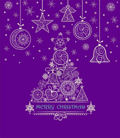 Ilustración de Tarjeta violeta de saludo vintage con árbol decorativo artesanal de oro de Navidad y decoración colgante - Imagen libre de derechos