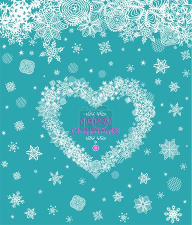 Illustration for Beautiful greeting mint color card for winter holidays with craft Christmas wreath in heart shape with paper cutting snowflakes - Royalty Free Image
