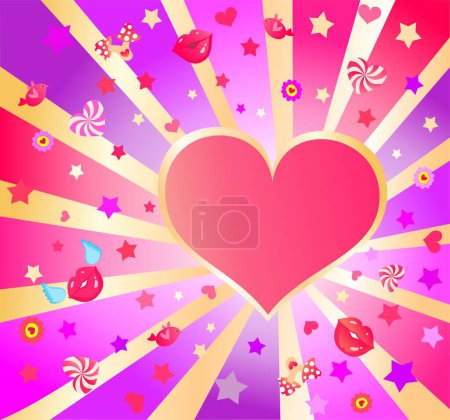 Illustration for Valentine's Day Poster with heart, sweet lips and lovely items with pink, red and violet sunburst. Promotion background for Love and Valentine's day concept for flyers, party invitation, holiday voucher - Royalty Free Image