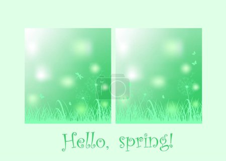 Illustration for Spring shining light green backgrounds set for web banner, Easter greeting card, social media, sale labels and discount promo with grass, dandelions, dragonfly, bluebell and butterflies - Royalty Free Image