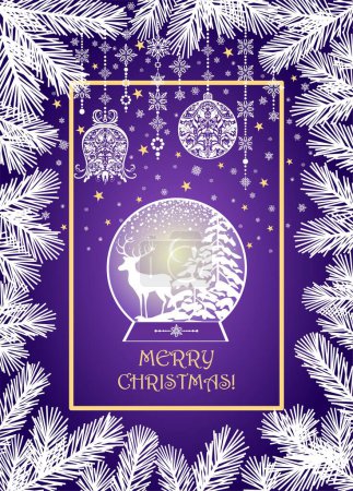Ilustración de Tarjeta mágica de Navidad violeta con vignette ramas de coníferas, globo brillante con renos y decoración artesanal colgante. Se puede utilizar para saludos de vacaciones de invierno, invitación a la fiesta - Imagen libre de derechos