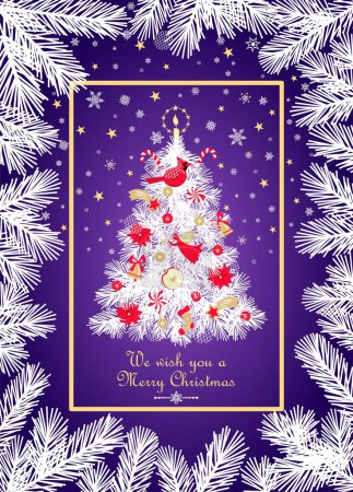 Ilustración de Tarjeta mágica de Navidad artesanal violeta con vignette ramas de coníferas y árbol de Navidad con juguetes rojos y dorados. Se puede utilizar para saludos de vacaciones de invierno, invitación a la fiesta - Imagen libre de derechos